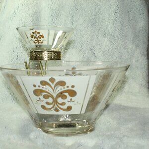 Vintage MCM Anchor Hocking 1960's MCM Gold Fleur Hanging Chip and Dip Bowl Set